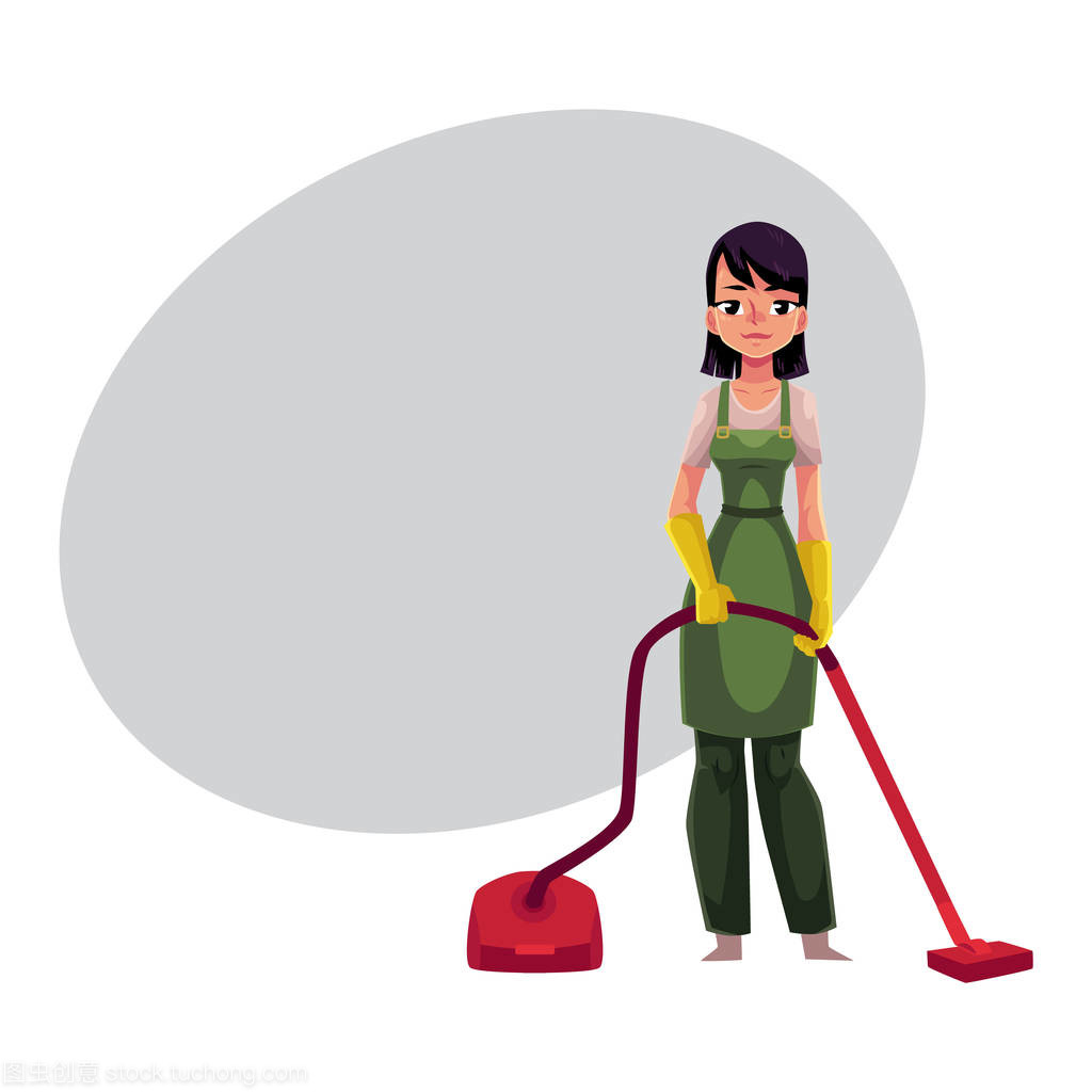 女傭在工作服站與真空吸塵器清潔服務(wù)女孩
